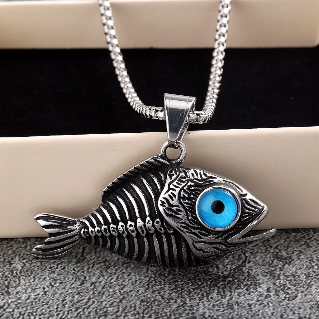 Kobine Men's Punk Blue Eye Fish Necklace