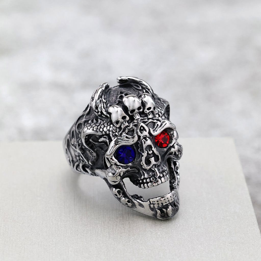 Kobine Men's Punk Blue & Red Eyes Skull Ring