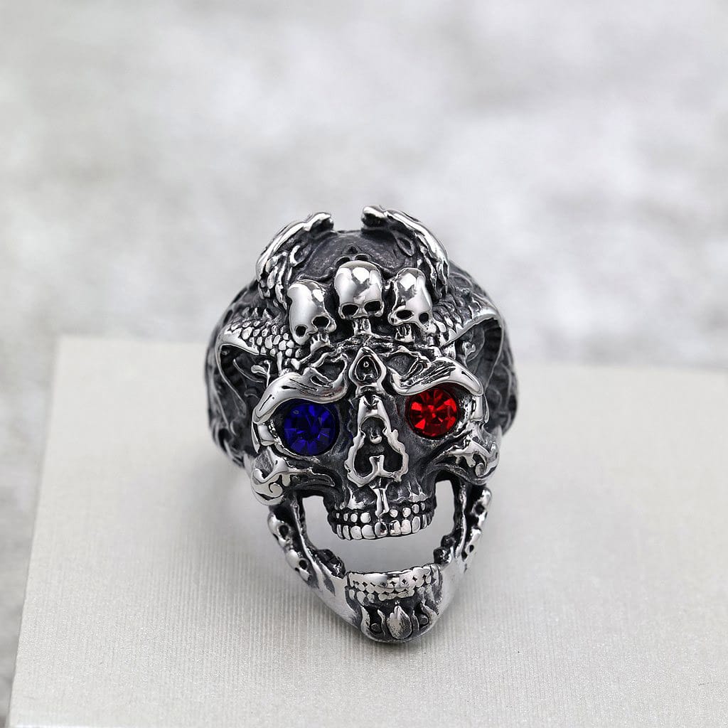 Kobine Men's Punk Blue & Red Eyes Skull Ring