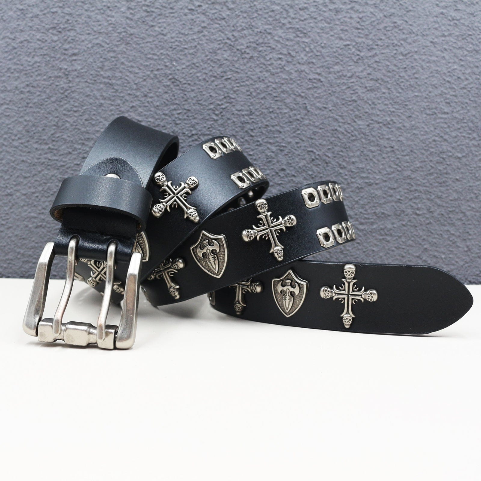 Kobine Men's Punk Cross Skull Studded Belt