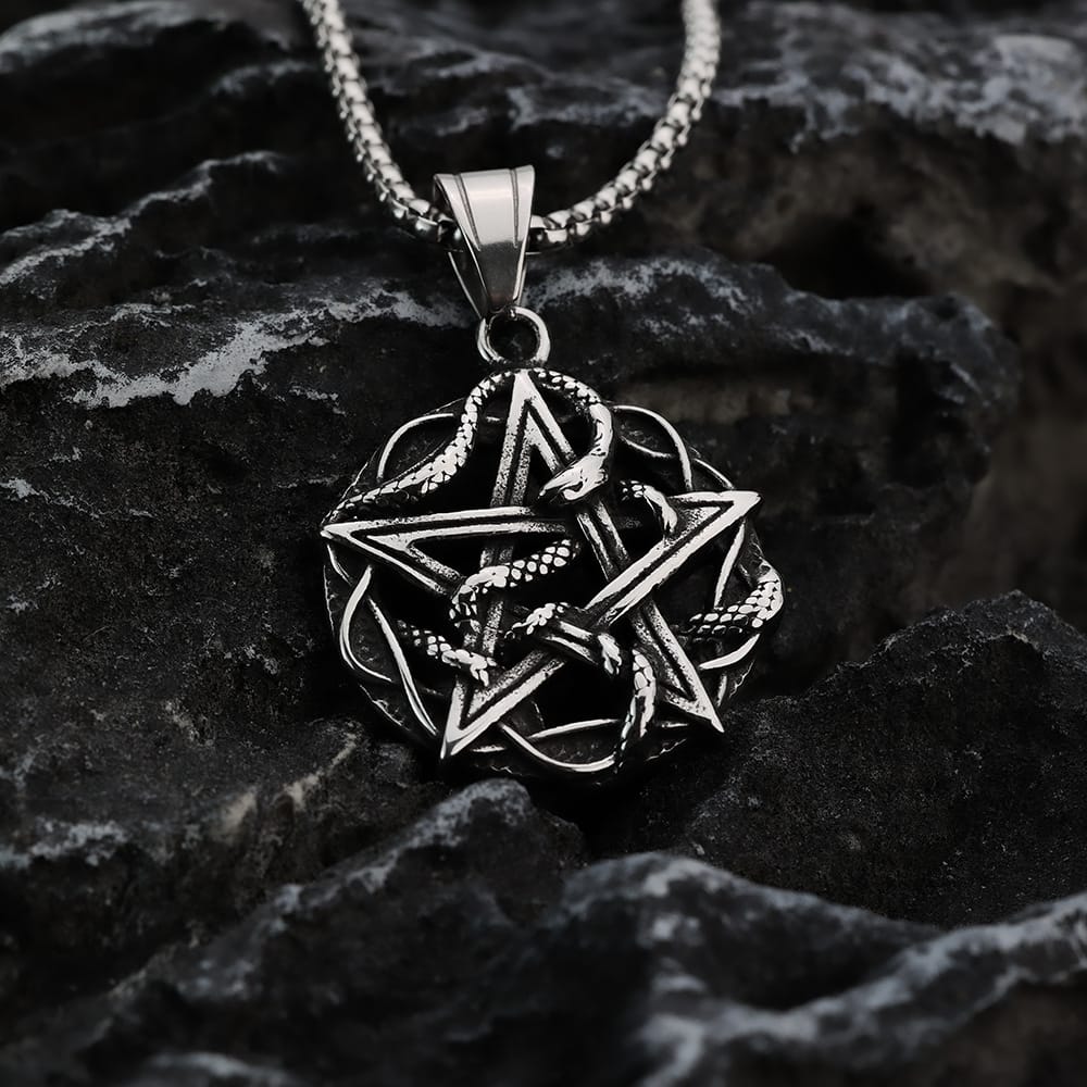 Kobine Men's Punk Cutout Snake Pentacle Pendant Necklace