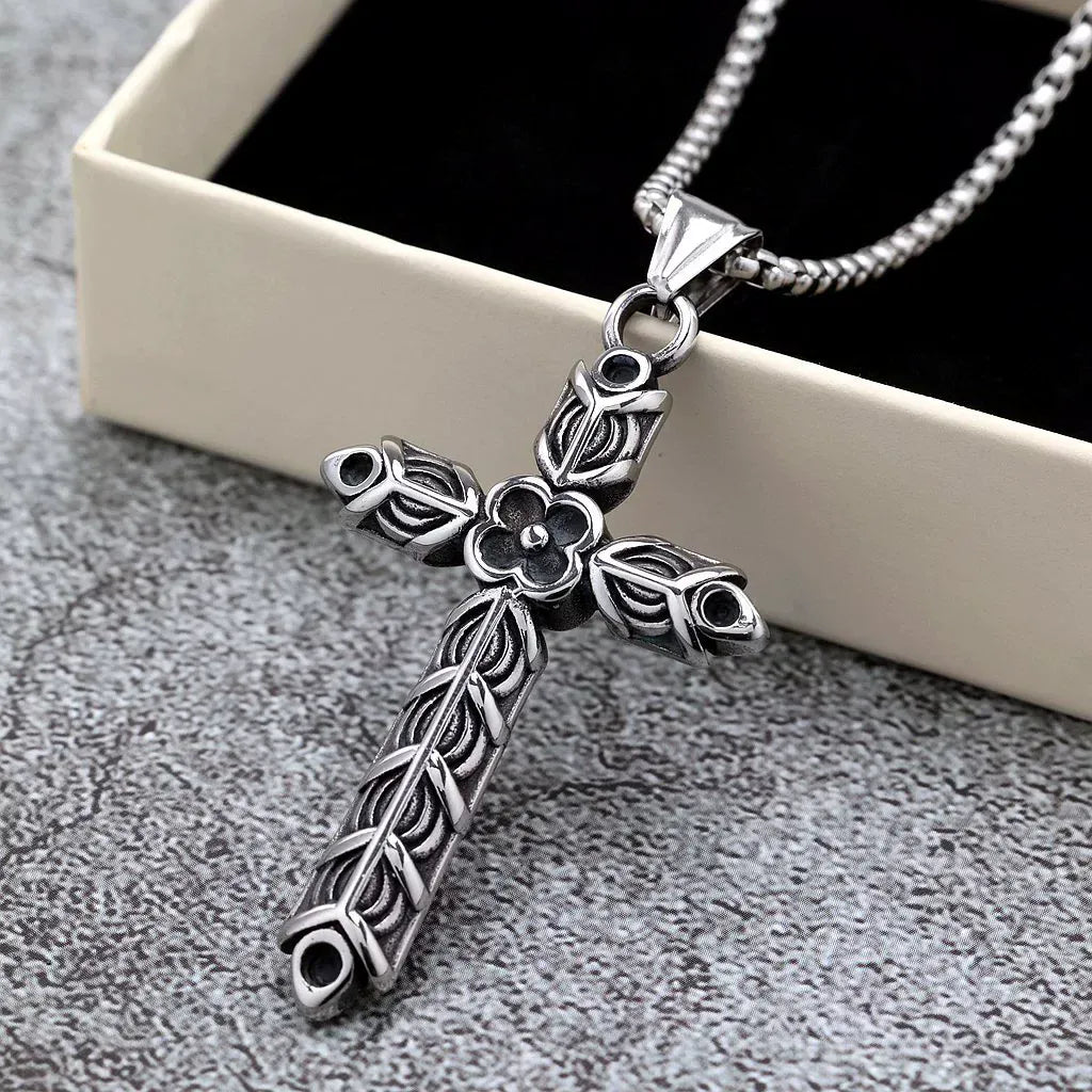 Kobine Men's Punk Decorative Pattern Cross Pendant Necklace
