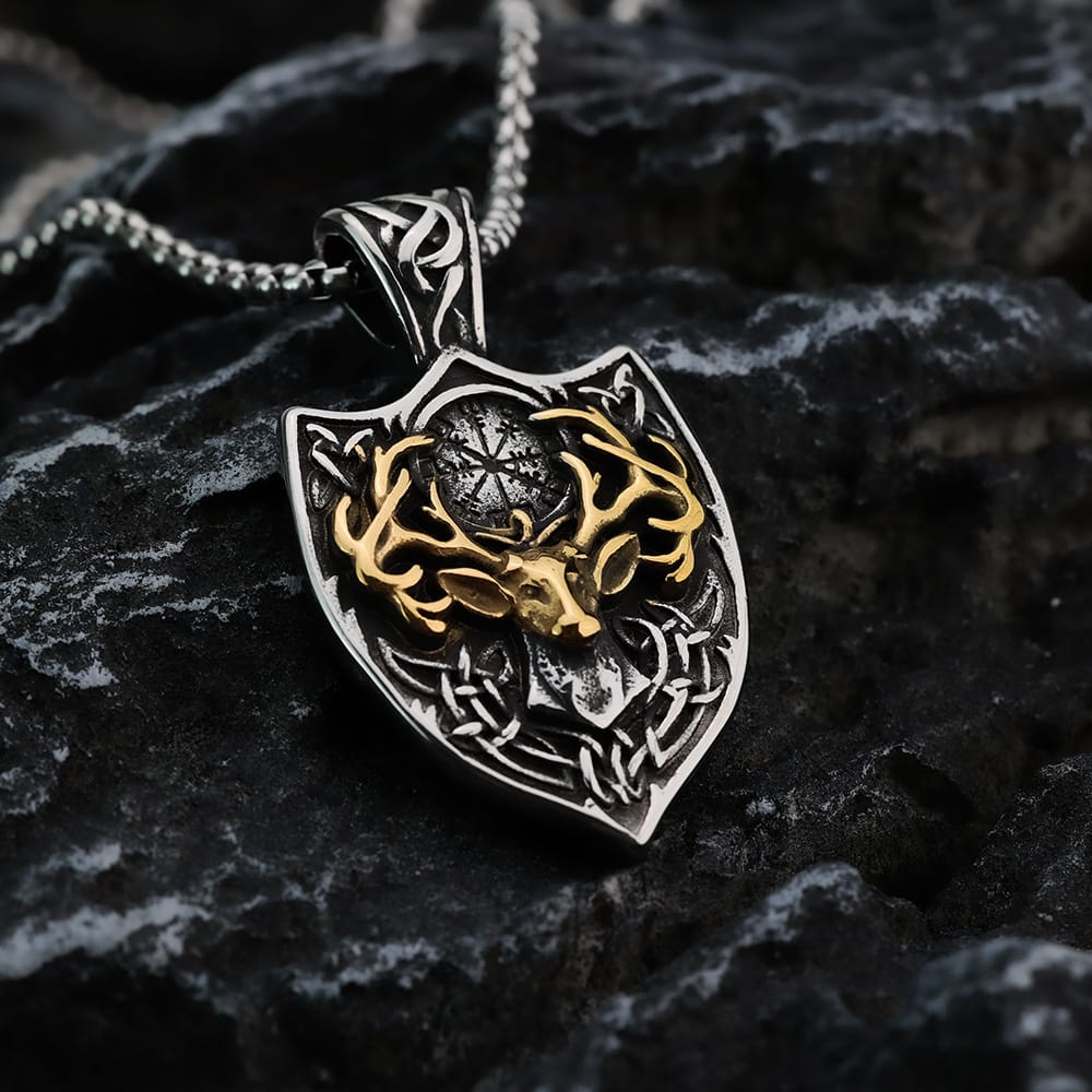 Kobine Men's Punk Deer Head Compass Shield Pendant Necklace