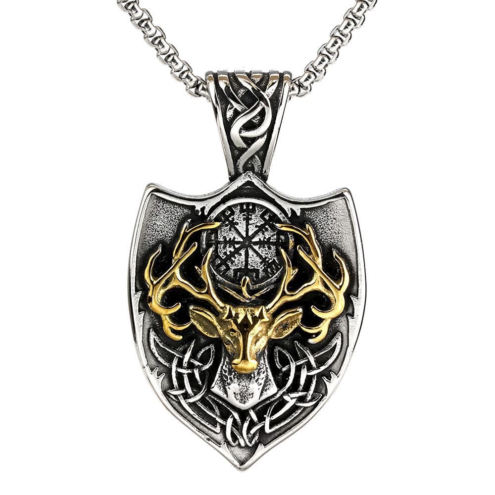 Kobine Men's Punk Deer Head Compass Shield Pendant Necklace