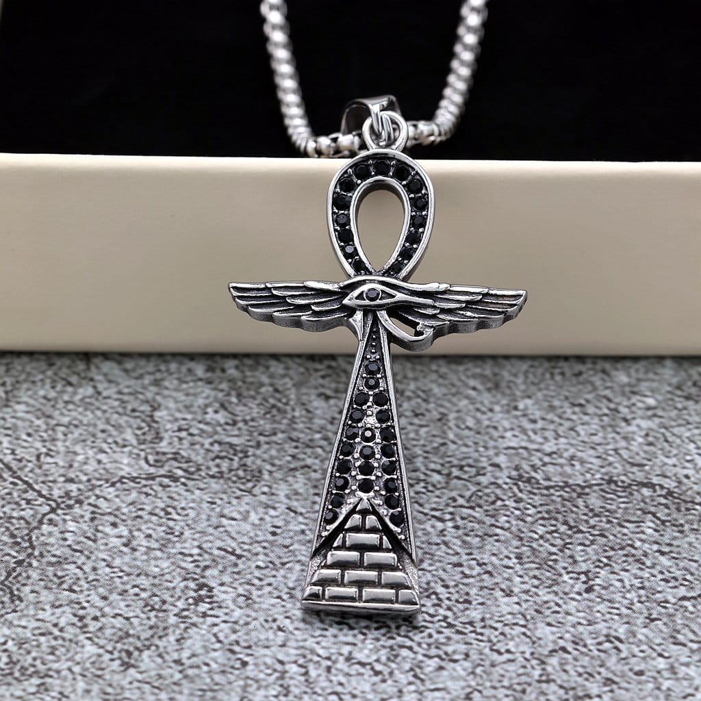 Kobine Men's Punk Diamante Eye Wing Cross Necklace