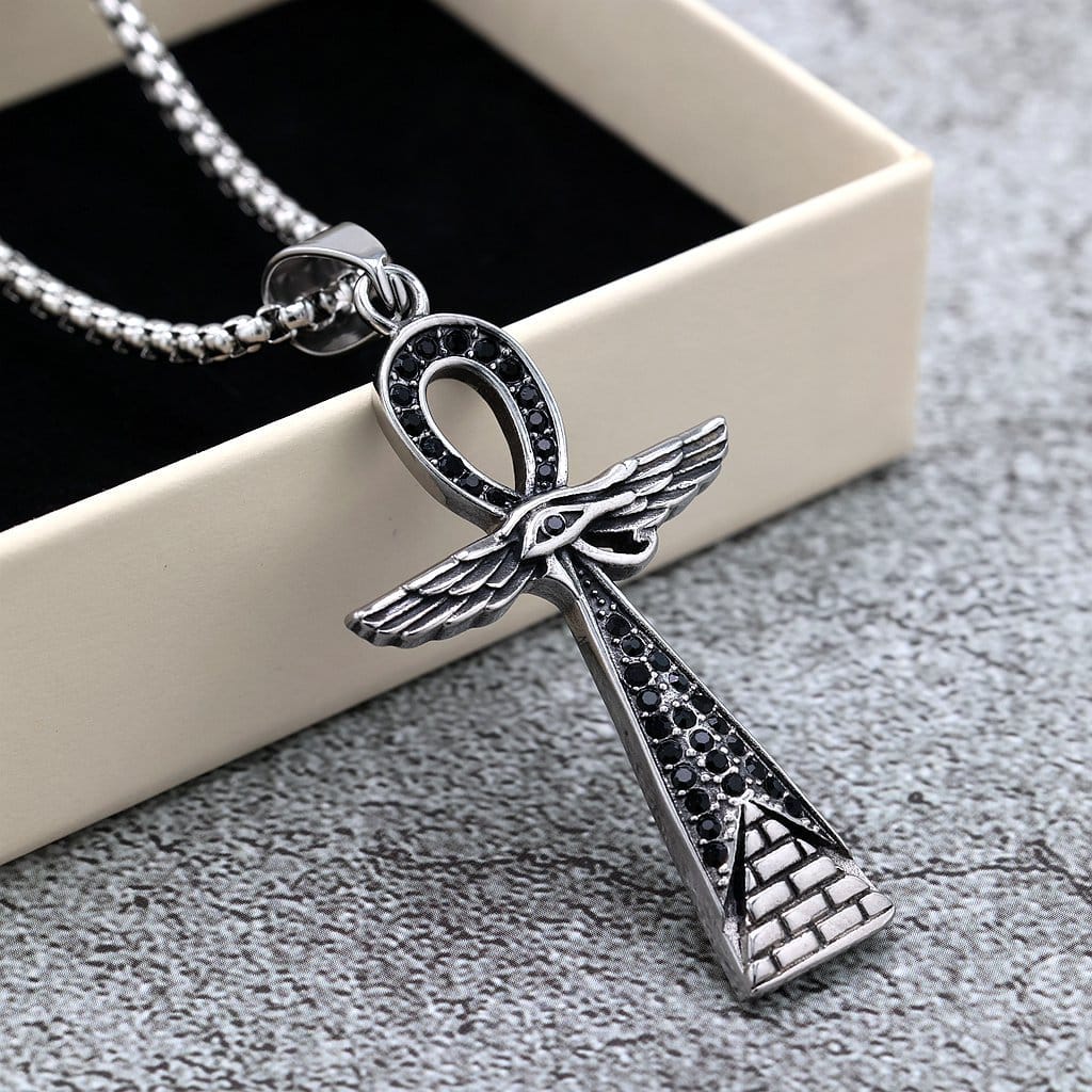 Kobine Men's Punk Diamante Eye Wing Cross Necklace