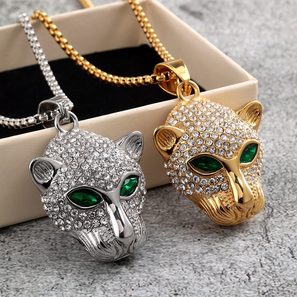 Kobine Men's Punk Diamante Green Eyes Leopard Head Necklace