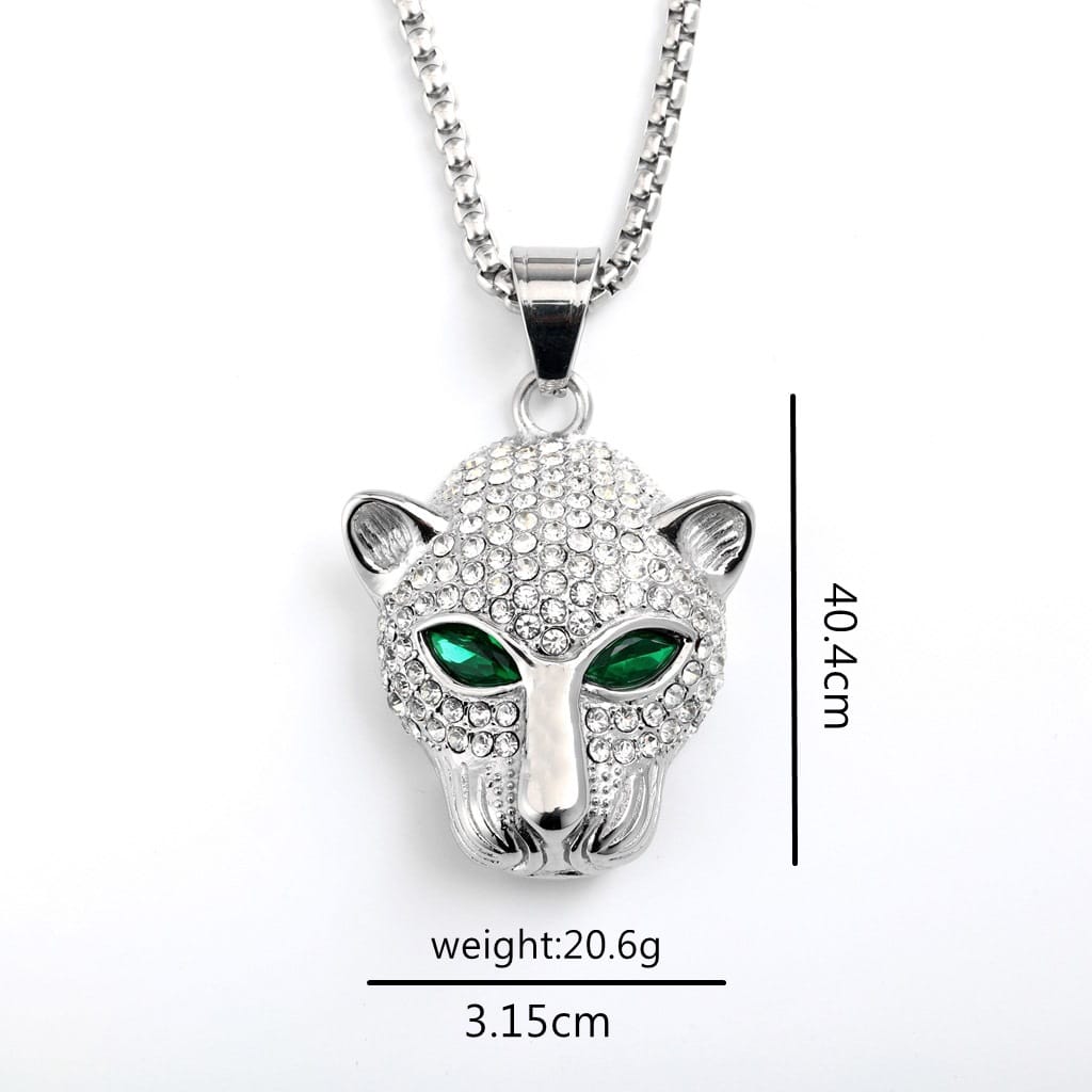 Kobine Men's Punk Diamante Green Eyes Leopard Head Necklace