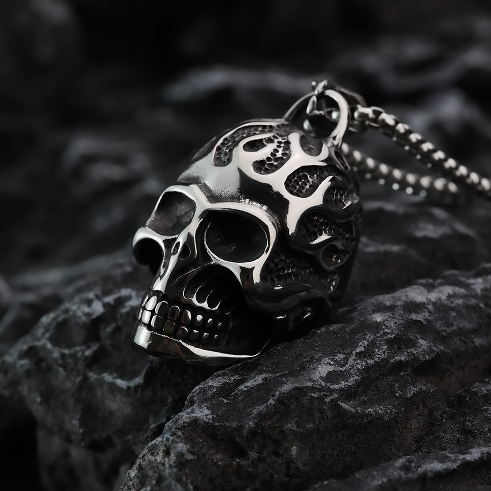 Kobine Men's Punk Flame Skull Pendant Necklace