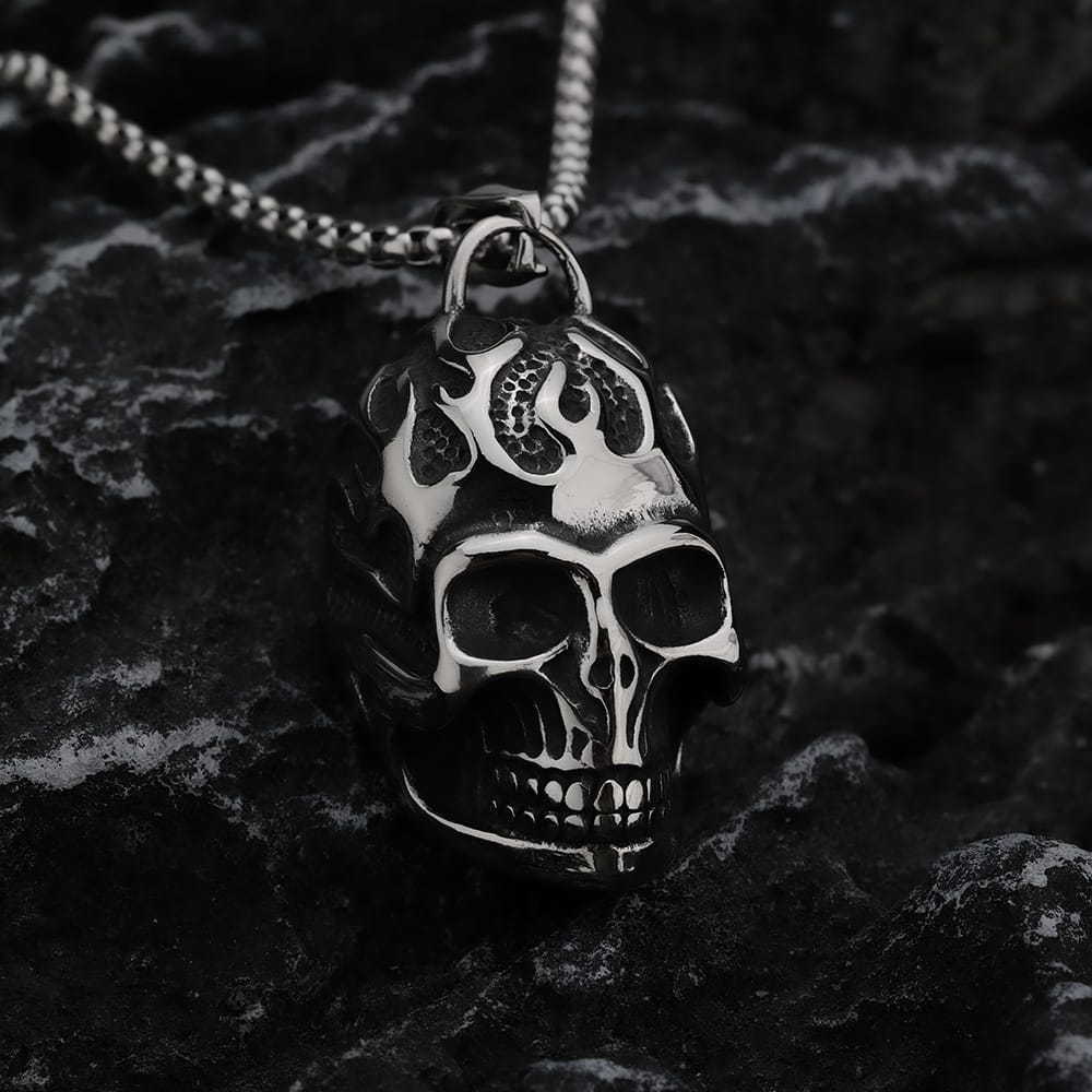 Kobine Men's Punk Flame Skull Pendant Necklace
