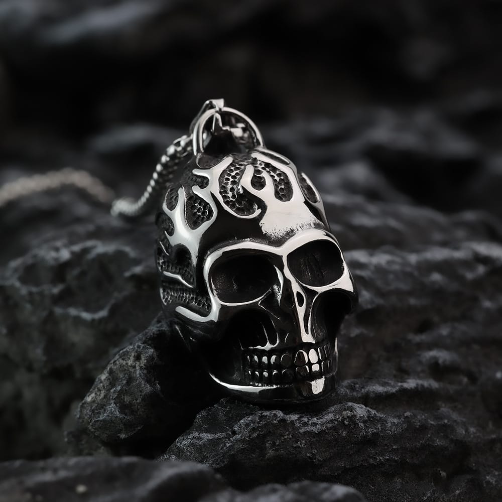 Kobine Men's Punk Flame Skull Pendant Necklace