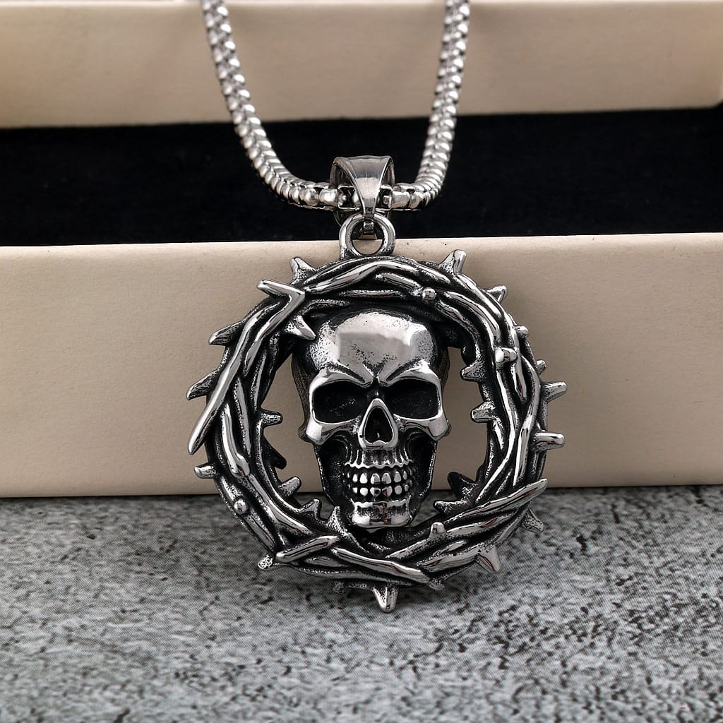 Kobine Men's Punk Hollow Out Thorns Skull Necklace