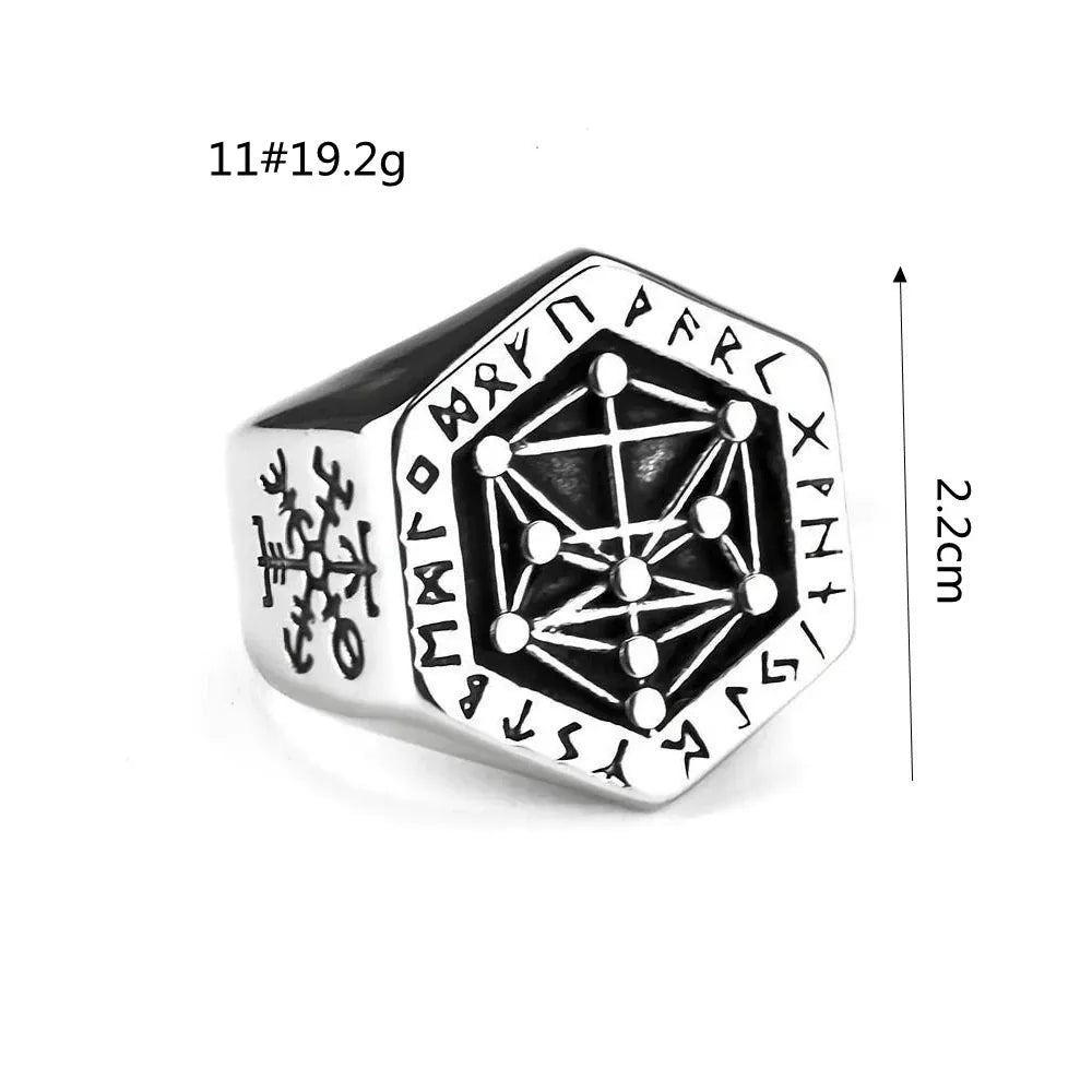 Kobine Men's Punk Norse Runes Geometric Hexagon Ring