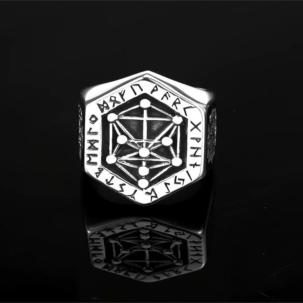 Kobine Men's Punk Norse Runes Geometric Hexagon Ring