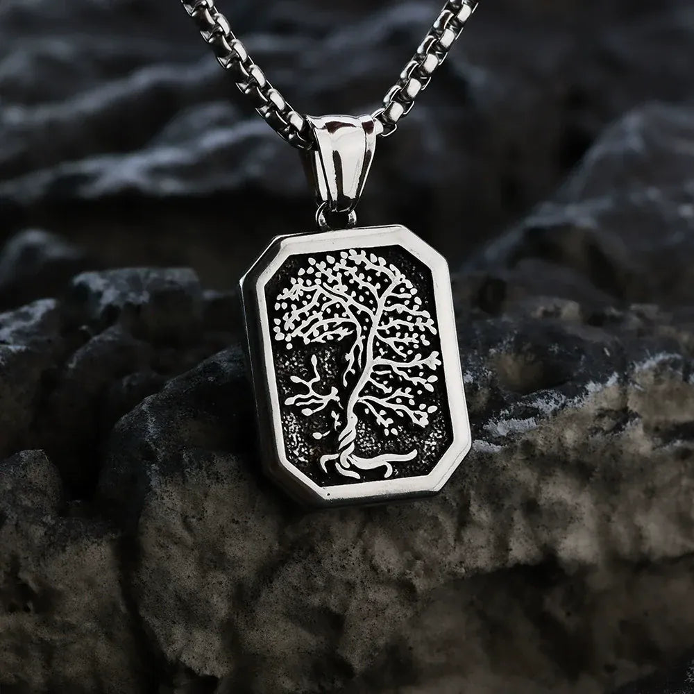Kobine Men's Punk Norse Yggdrasil Octagonal Pendant Necklace