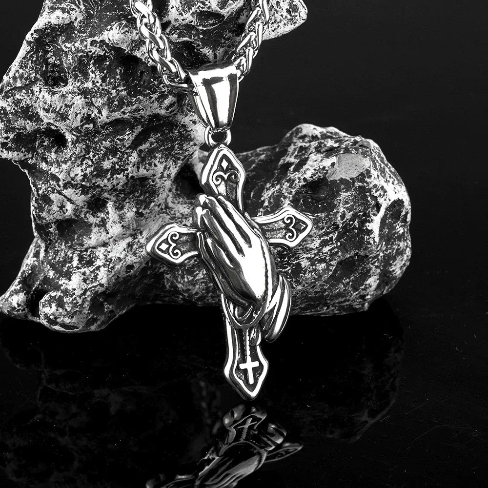 Kobine Men's Punk Praying Hands & Cross Necklace