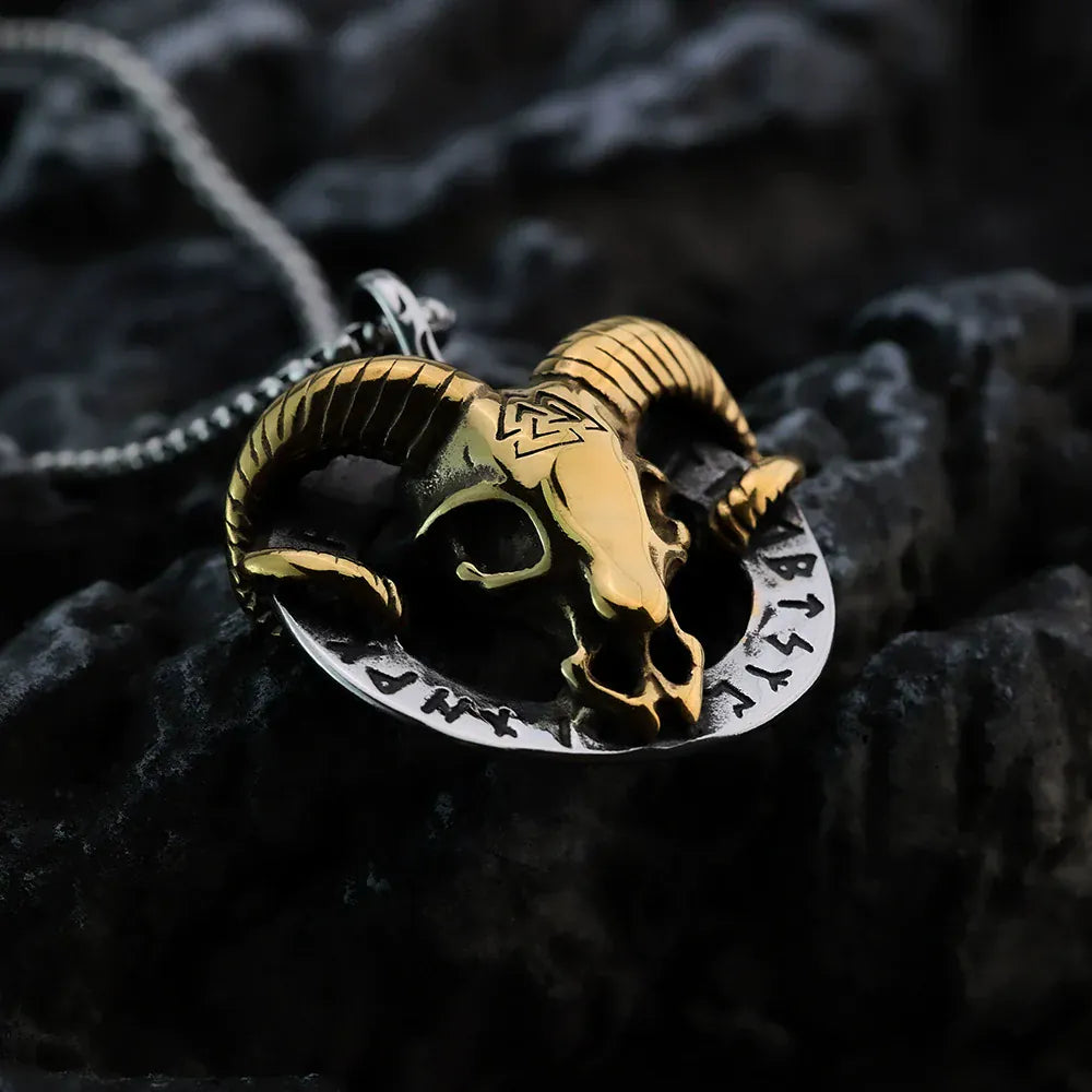Kobine Men's Punk Ram Skull & Norse Runes Pendant Necklace
