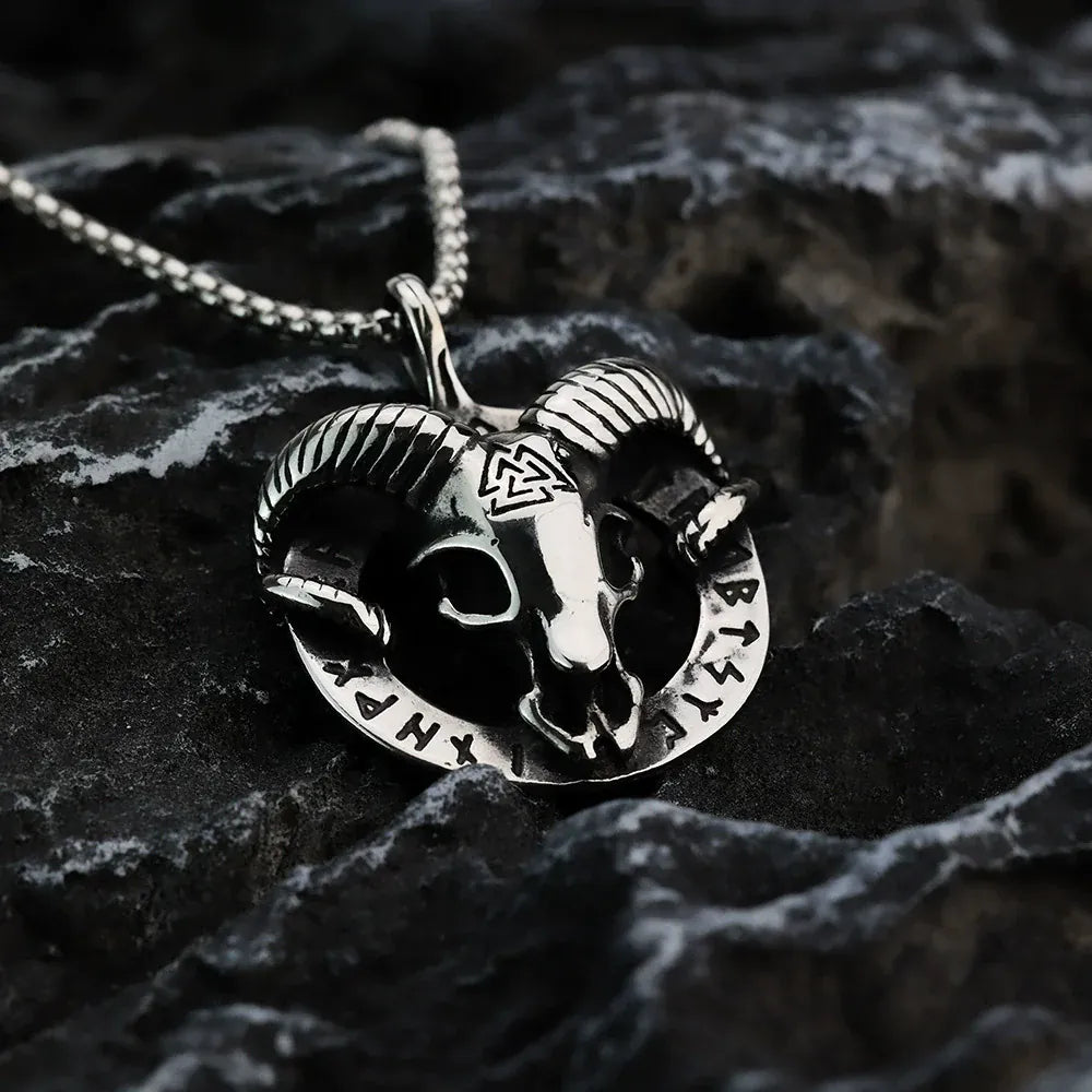Kobine Men's Punk Ram Skull & Norse Runes Pendant Necklace