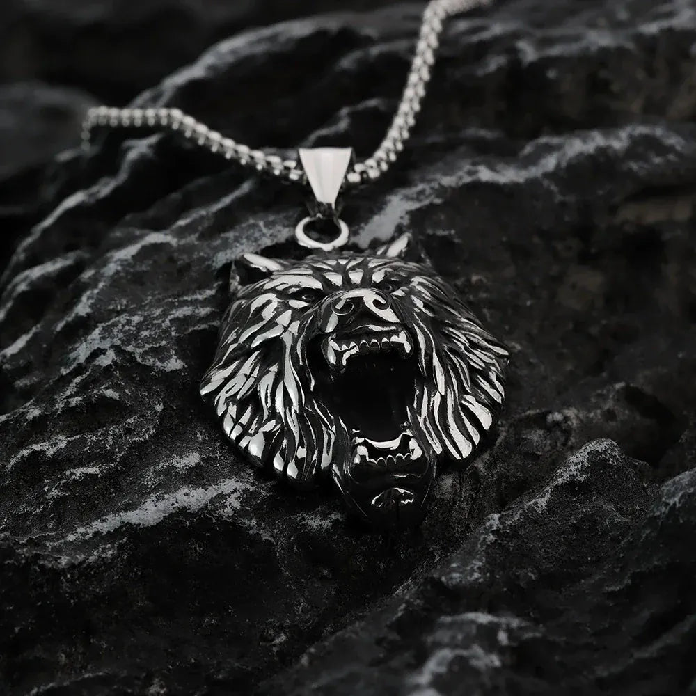Kobine Men's Punk Roaring Wolf Head Necklace