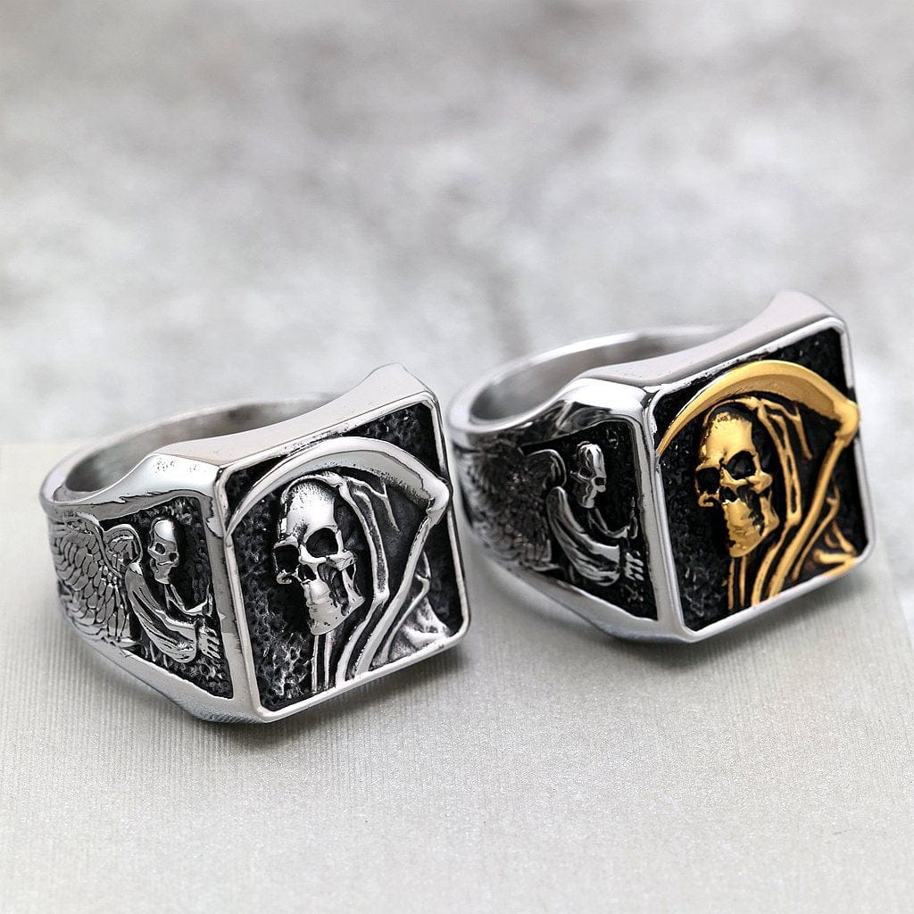 Kobine Men's Punk Skeleton Scythe Death Ring