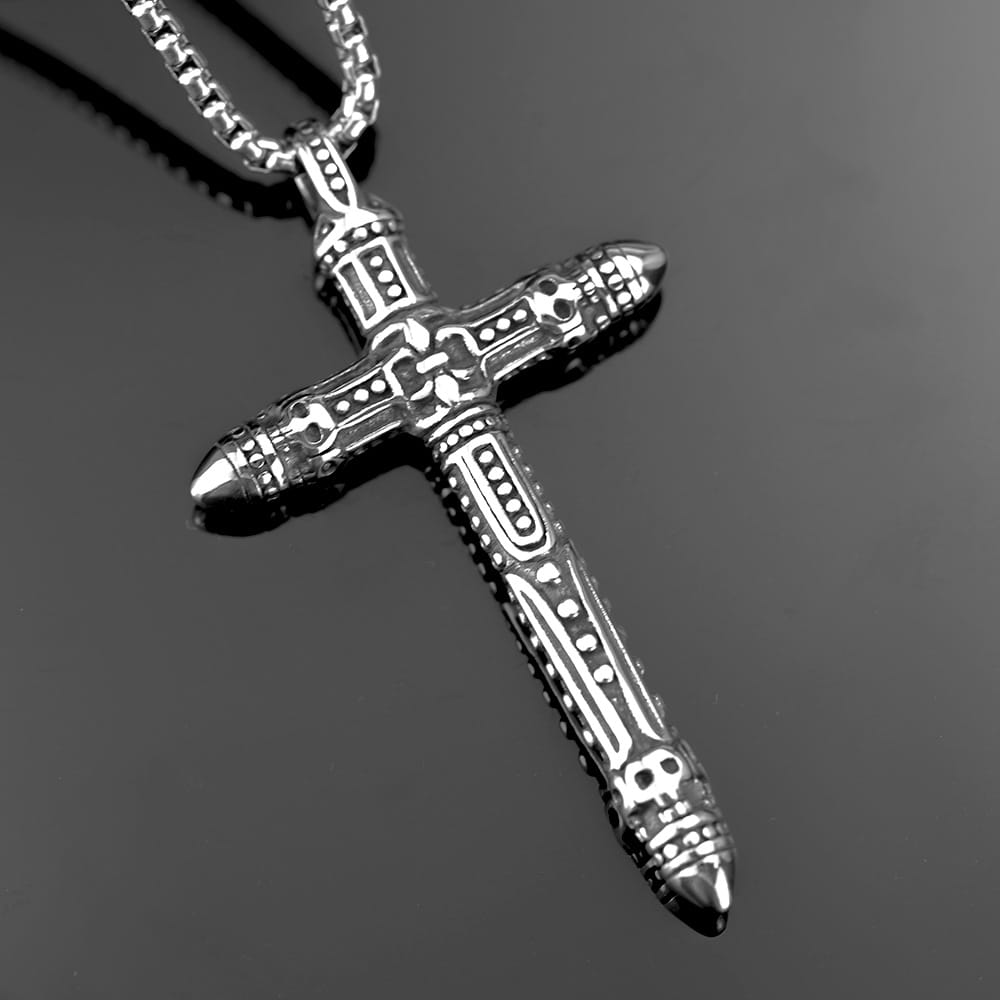 Kobine Men's Punk Skull Carved Cross Pendant Necklace