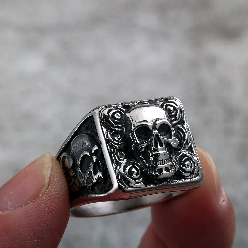 Kobine Men's Punk Skull Rose Ring