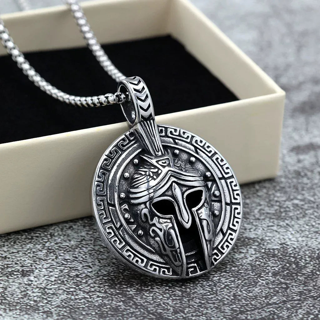 Kobine Men's Punk Spartan Helmet & Greek Key Pattern Necklace