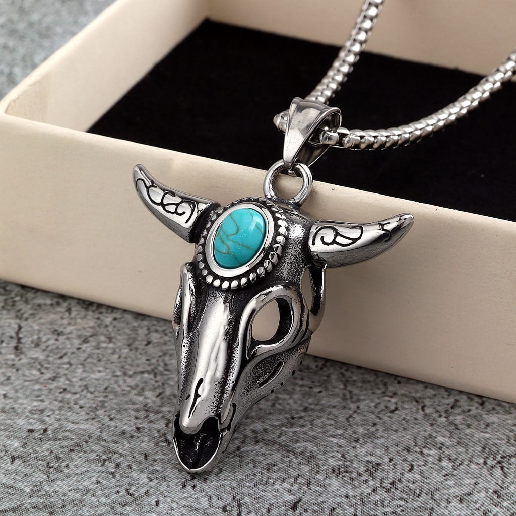 Kobine Men's Punk Turquoise Bull Head Necklace