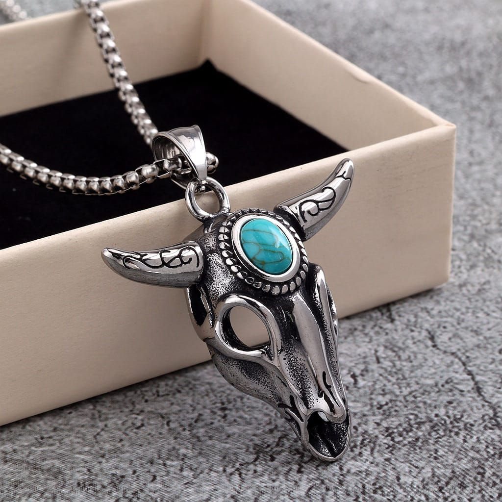 Kobine Men's Punk Turquoise Bull Head Necklace
