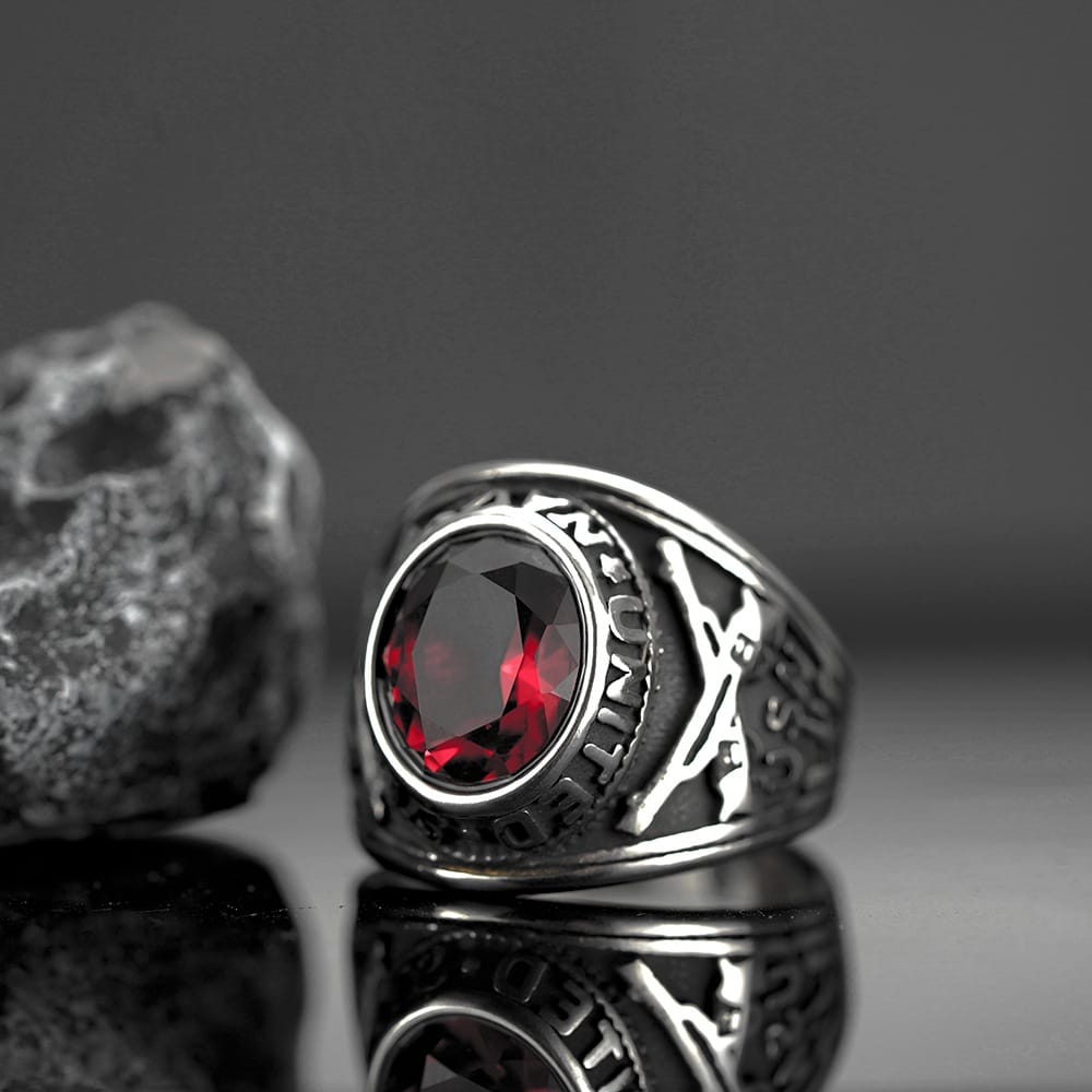 Kobine Men's Punk Vintage Simulated Ruby Carved Ring