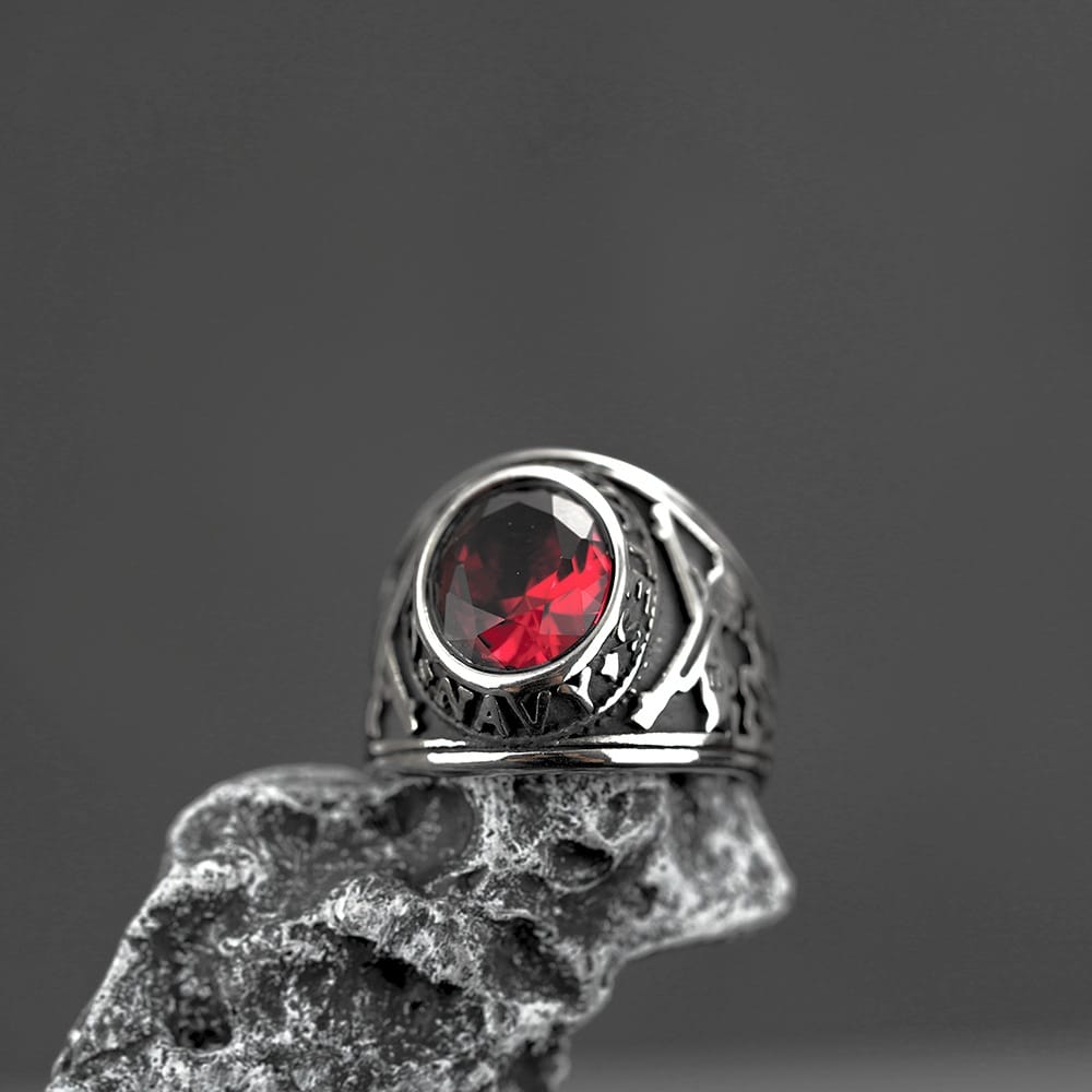 Kobine Men's Punk Vintage Simulated Ruby Carved Ring