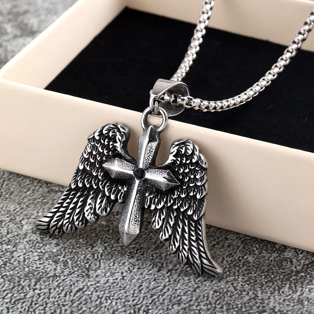 Kobine Men's Punk Wing Cross Necklace