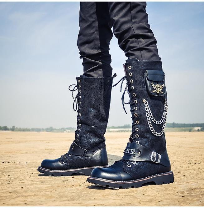 Kobine Men's Steampunk 16 Holes Metal Rivet High Boots Engineer Motorcycle Boot