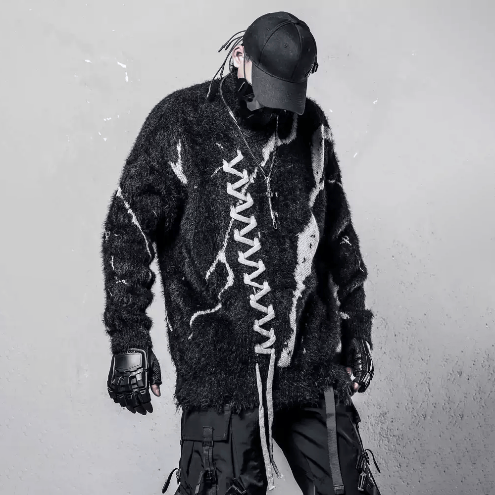 Kobine Men's Techwear Criss‑cross Lace-up High Collar Two‑Tone Sweater