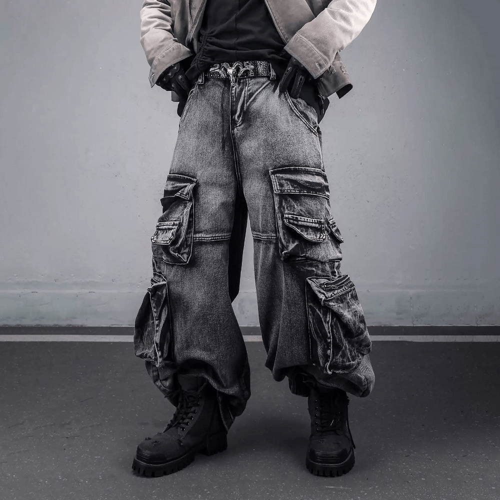 Kobine Men's Techwear Distressed Multi-Pockets Wide Leg Denim Cargo Pants