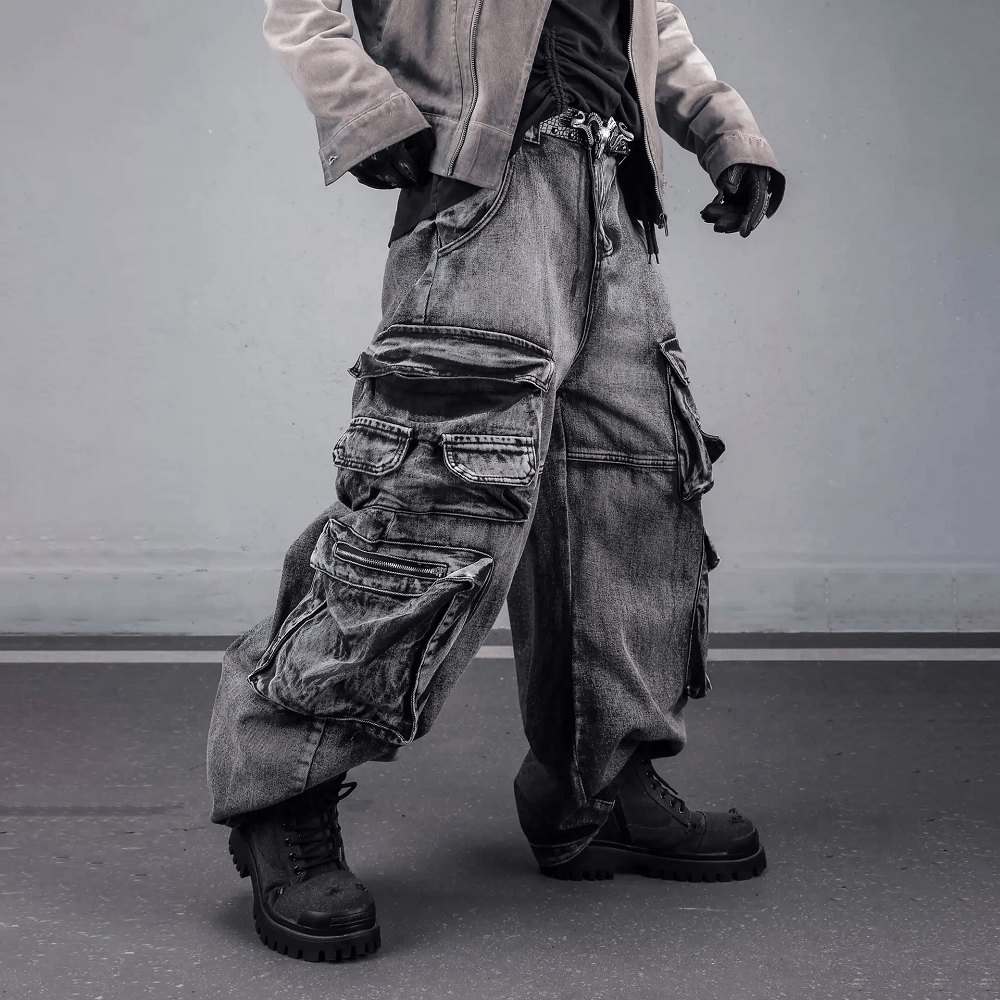 Kobine Men's Techwear Distressed Multi-Pockets Wide Leg Denim Cargo Pants