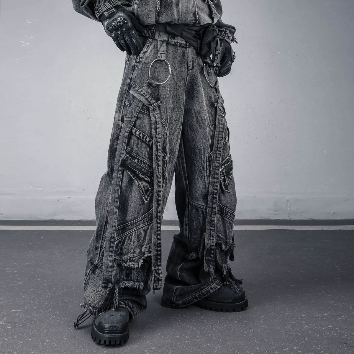 Kobine Men's Techwear Distressed Raw Edge Strappy Wide Leg Pants