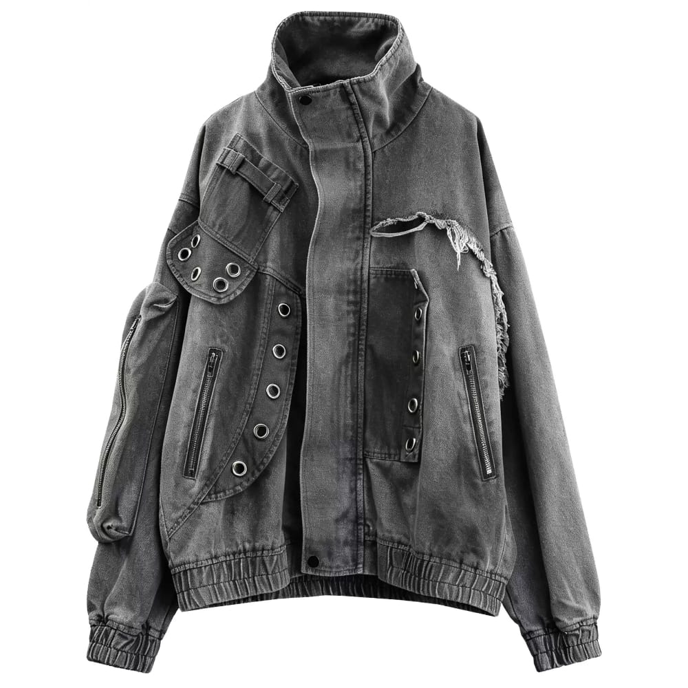 Kobine Men's Techwear Eyelet Zipper Raw Edge High Collar Jacket