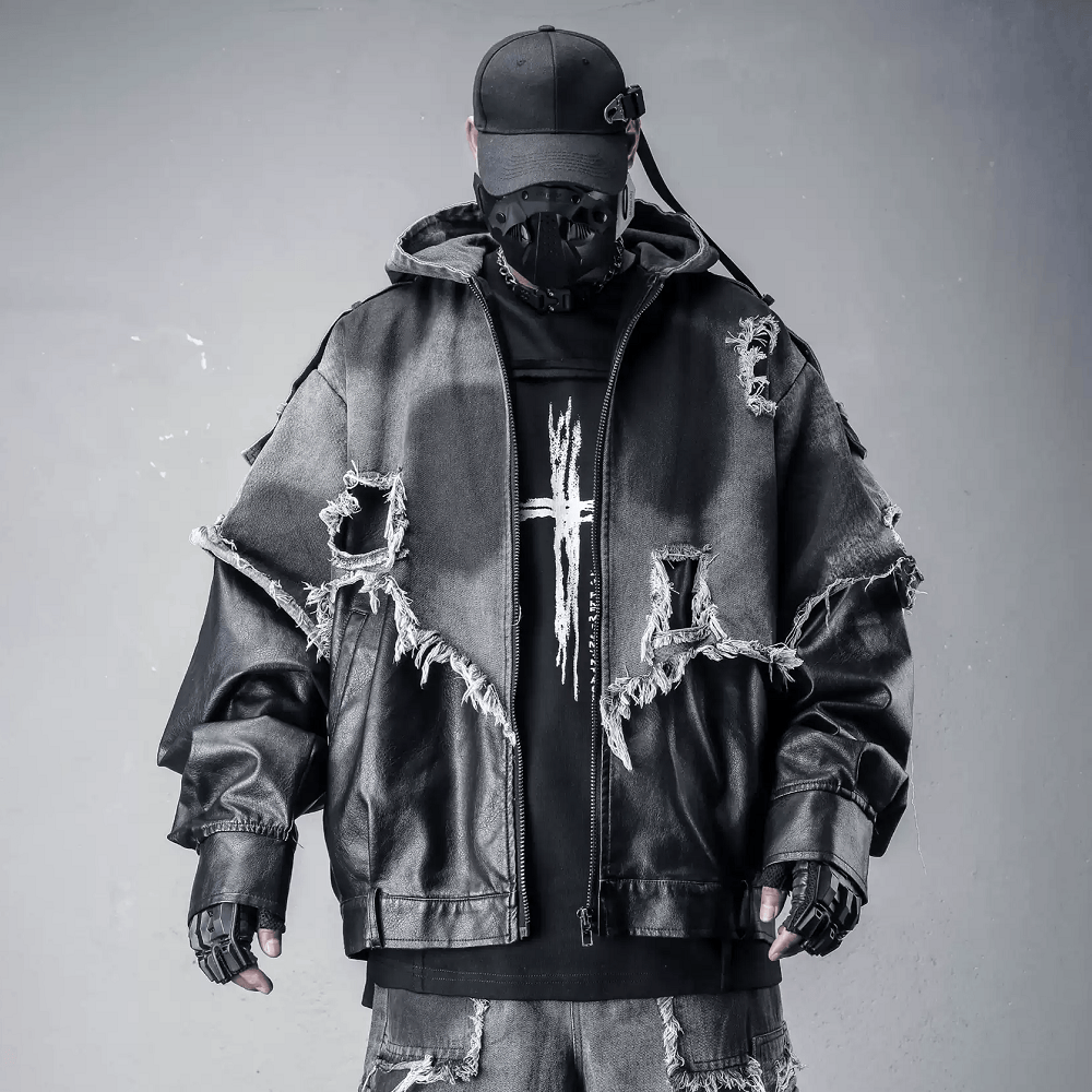 Kobine Men's Techwear Frayed Raw-Edge Patchwork Hooded Jacket