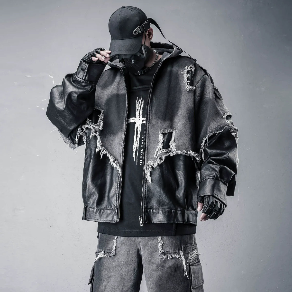 Kobine Men's Techwear Frayed Raw-Edge Patchwork Hooded Jacket
