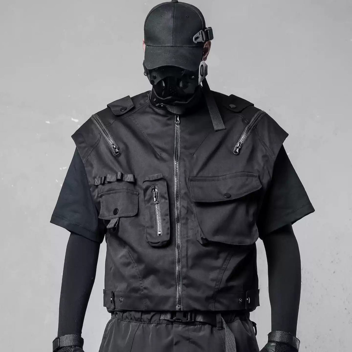 Kobine Men's Techwear Multi Zippers Large Pocket Stand Collar Vest