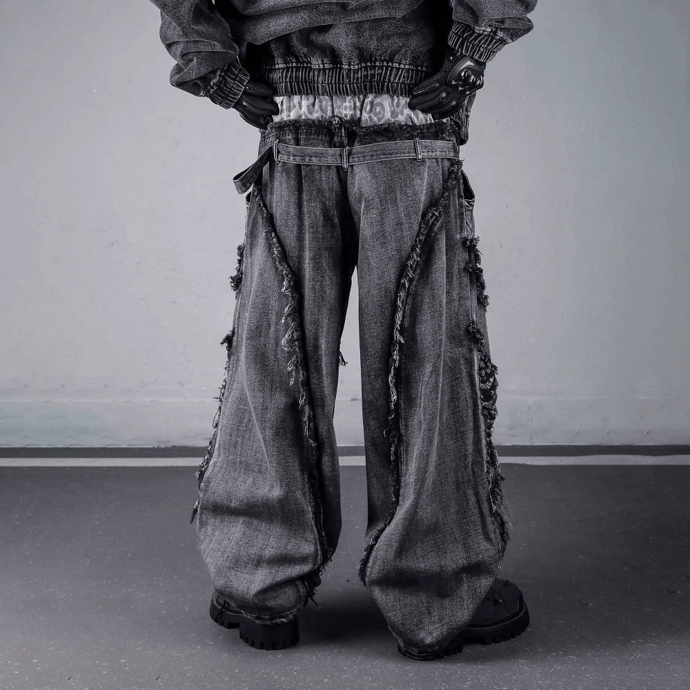 Kobine Men's Techwear Raw Edge Patchwork Wide Leg Pants