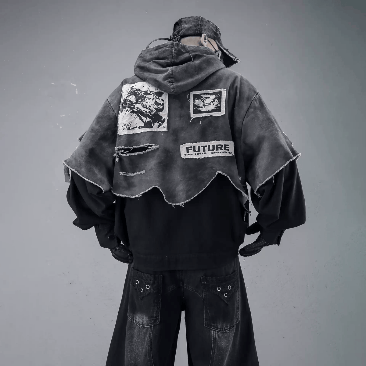 Kobine Men's Techwear Ripped Raw Edge Patchwork Hooded Jacket