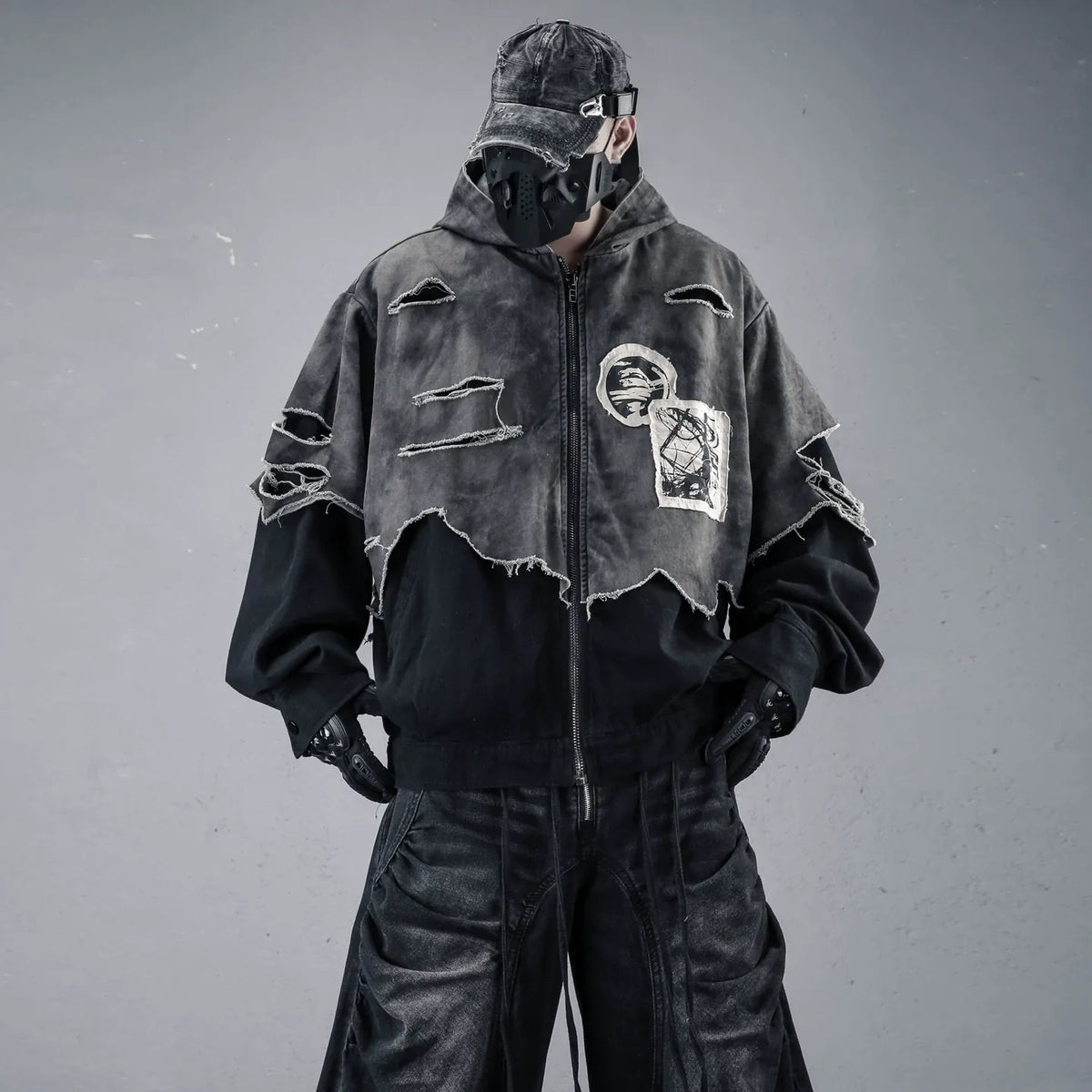 Kobine Men's Techwear Ripped Raw Edge Patchwork Hooded Jacket