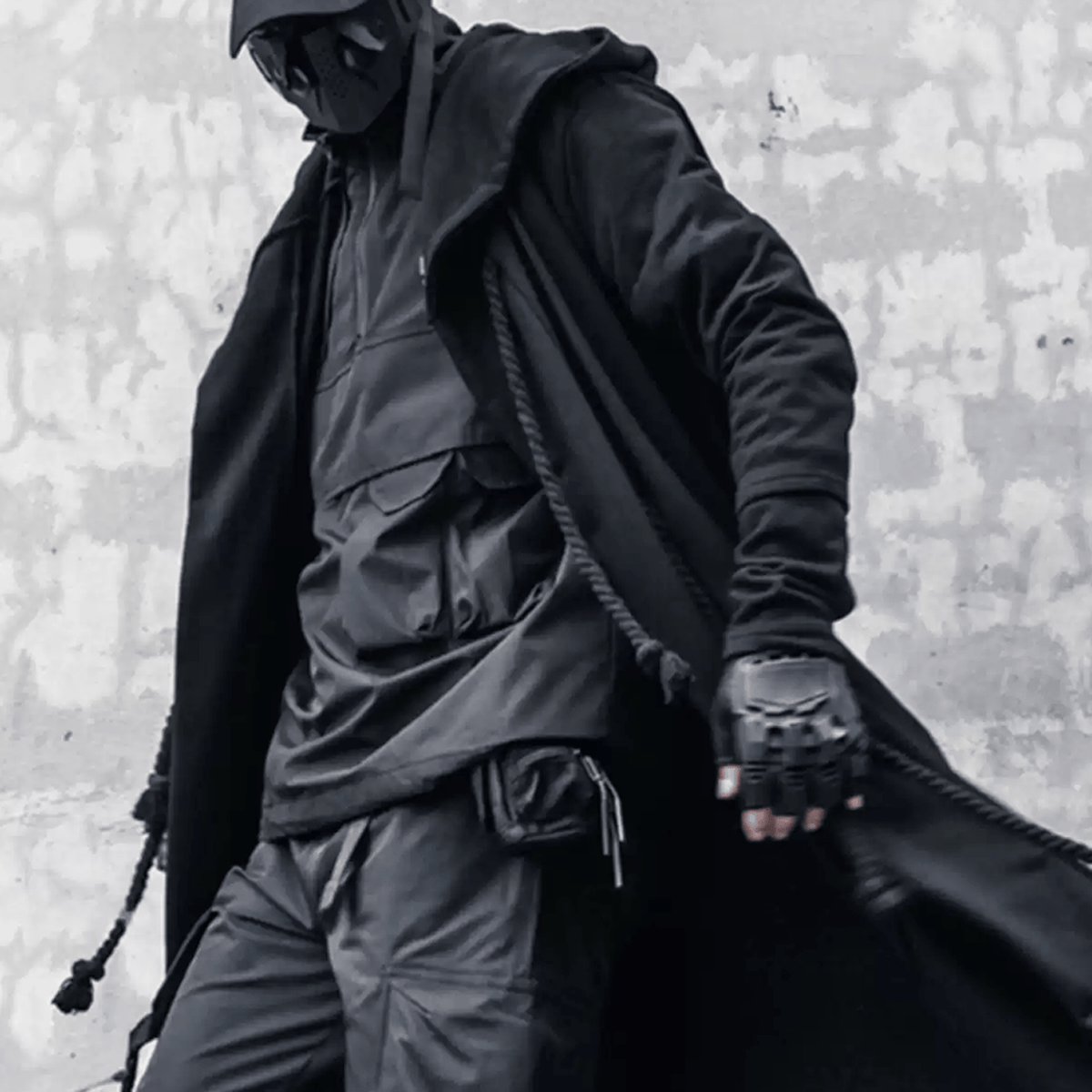 Kobine Men's Techwear Rope Detail Hooded Long Coat