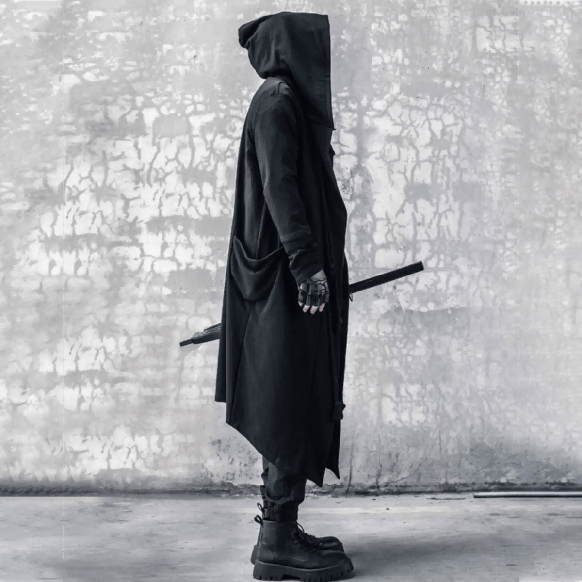 Kobine Men's Techwear Rope Detail Hooded Long Coat