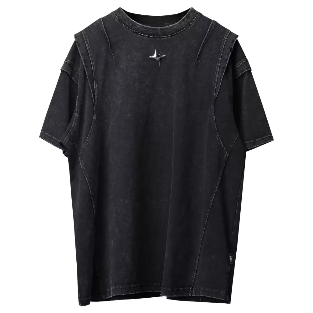 Kobine Men's Techwear Star Decor Distressed Short Sleeve Top Black