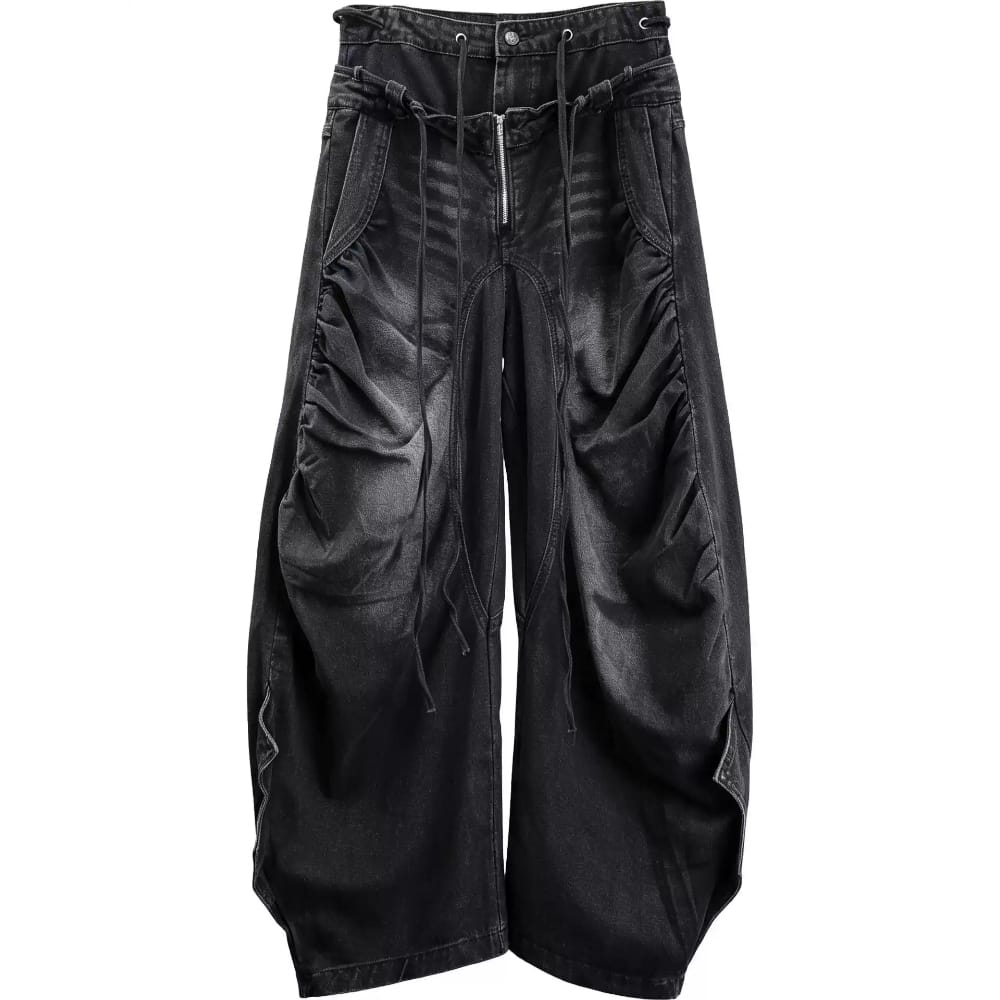 Kobine Men's Techwear Strappy Ruched Wide Leg Denim Cargo Pants