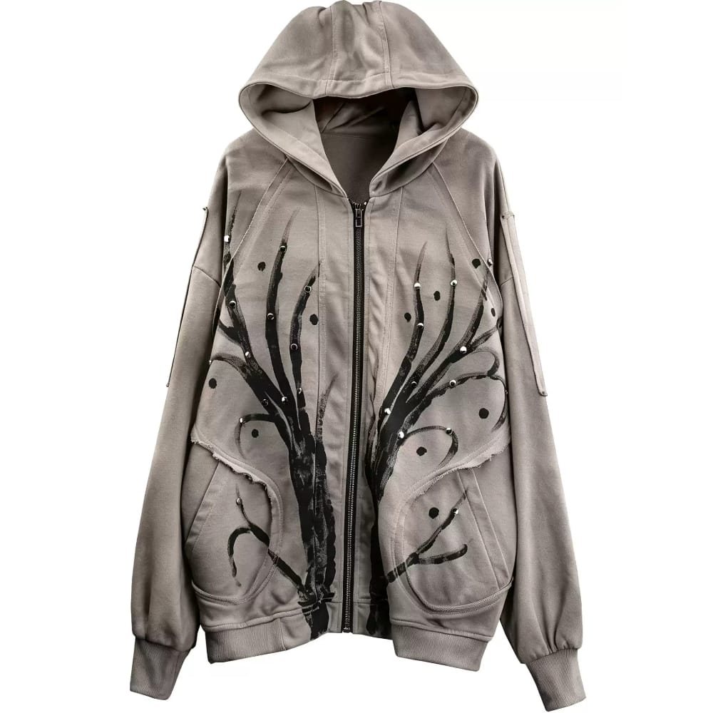 Kobine Men's Techwear Studded Printed Zip-Up Hooded Jacket