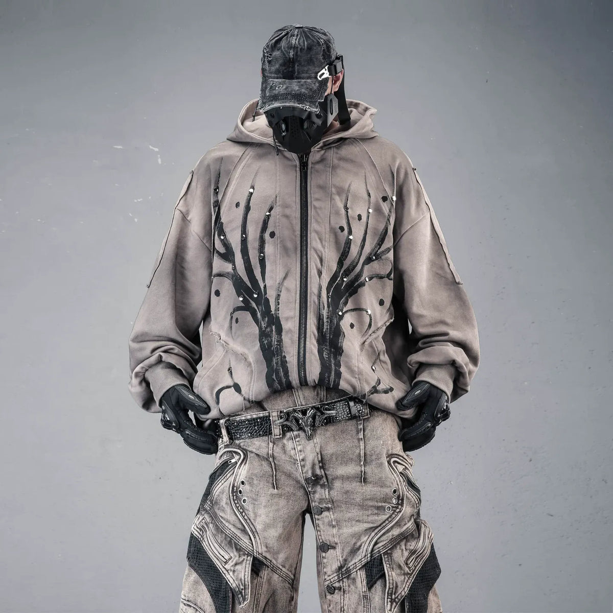 Kobine Men's Techwear Studded Printed Zip-Up Hooded Jacket